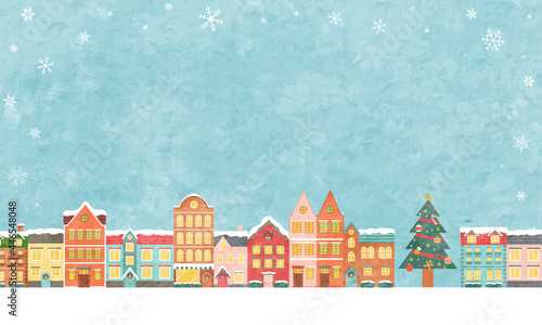 冬のクリスマスの街並みのベクターイラスト背景(風景,フレーム,xmas.X'mas,町並み,雪,カード,メッセージカード,コピースペース,テクスチャ,グランジ,質感,ポスター)