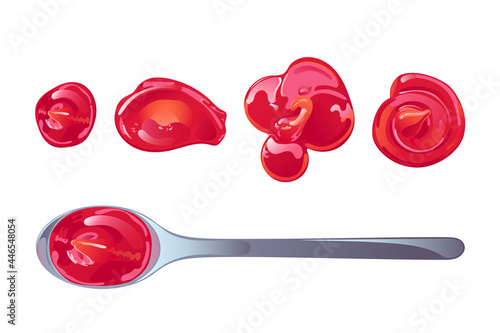 Tomato ketchup in spoon. Red spicy sauce in swirl form. Vector illustration in flat cartoon design.