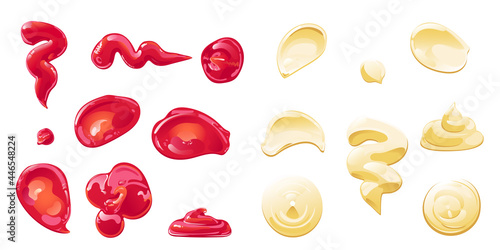 Ketchup and mayonnaise stains, splahes, blobs set. Vector illustration in flat cartoon style.
