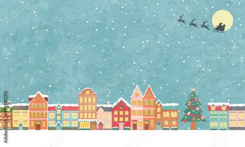 冬のクリスマスの街並みのベクターイラスト背景(風景,フレーム,xmas.X'mas,町並み,雪,カード,メッセージカード,コピースペース,テクスチャ,グランジ,質感,ポスター)