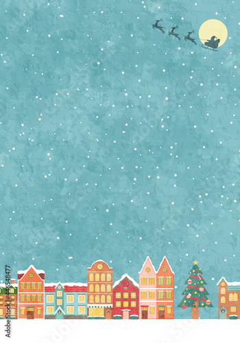 冬のクリスマスの街並みのベクターイラスト背景(風景,フレーム,xmas.X'mas,町並み,雪,カード,メッセージカード,コピースペース,テクスチャ,グランジ,質感,ポスター)
