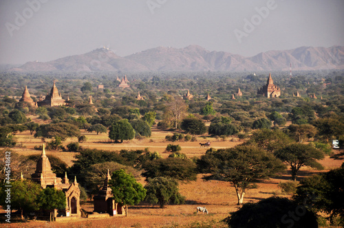 View landscape ruins cityscape UNESCO World Heritage Site with over 2000 pagodas temples for burmese people foreign travelers travel visit at Bagan or Pagan ancient city in Mandalay, Myanmar or Burma