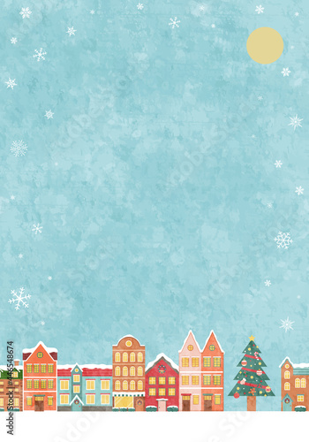 冬のクリスマスの街並みのベクターイラスト背景(風景,フレーム,xmas.X'mas,町並み,雪,カード,メッセージカード,コピースペース,テクスチャ,グランジ,質感,ポスター)