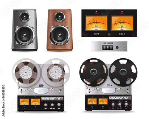 Vintage musical technique set. Reel-to-reel tape recorder and loudspeakers. Two sound speaker in wooden and metal body and reel tape recorders. Musical technique in retro style. Vector illustration