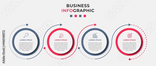 Minimal Business Infographics template. Timeline with 4 steps, options and marketing icons .Vector linear infographic with two circle conected elements. Can be use for presentation.