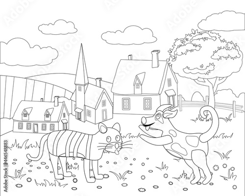 Farm animals coloring book educational illustration for children. Cute cat and dog, rural landscape colouring page. Vector black white outline cartoon characters