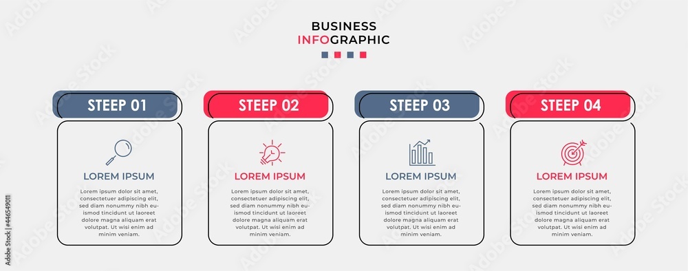 Minimal Business Infographics template. Timeline with 4 steps, options and marketing icons .Vector linear infographic with two circle conected elements. Can be use for presentation.