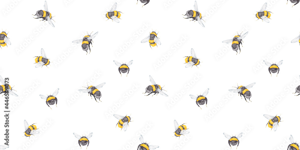 Watercolor insect seamless pattern with illustration of flying bumblebee, bee. Detailed elements isolated on white background. Perfect for wrapping, invitation, web design, bed linen, textiles. - obrazy, fototapety, plakaty 