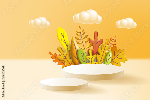 Autumn leaves 3D yellow, red, brown, orange colors. Fall bouquet, pedestal, stage, for background product presentation. Minimal 3d render plasticine, vector illustration banner, poster