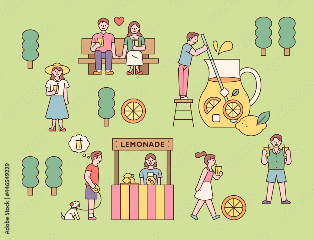 Lemonade shop in the park and people drinking juice. outline simple