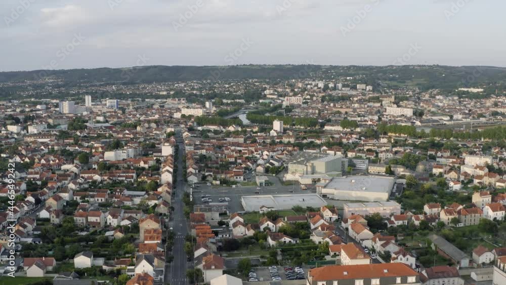 Drone Aerial shot of Montluçon in central France. Montlucon is the largest commune in the Allier department and belongs to the Auvergne-Rhône-Alpes region. A panorama of the french city at sunset. Drone Aerial shot of Montluçon in central France. Montlucon is the largest commune in the Allier department and belongs to the Auvergne-Rhône-Alpes region. A panorama of the french city at sunset.