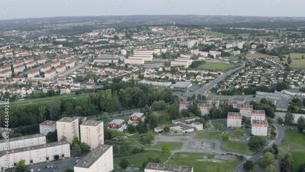 Drone Aerial shot of Montluçon in central France. Montlucon is the largest commune in the Allier department and belongs to the Auvergne-Rhône-Alpes region. A panorama of the french city at sunset. Drone Aerial shot of Montluçon in central France. Montlucon is the largest commune in the Allier department and belongs to the Auvergne-Rhône-Alpes region. A panorama of the french city at sunset.