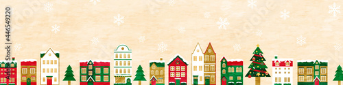 冬のクリスマスの街並みのベクターイラスト背景(風景,フレーム,xmas.X'mas,町並み,雪,カード,メッセージカード,コピースペース,テクスチャ,グランジ,質感,ポスター)