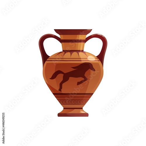 Antique Greek vase with decoration. Ancient traditional clay jar or pot for wine. Vector cartoon illustration.