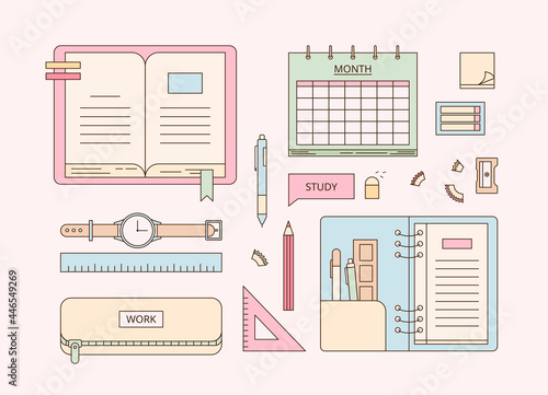 Books and stationery arranged in sorted order. outline simple vector illustration.