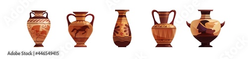 Antique Greek vase with decoration. Ancient traditional clay jar or pot for wine. Vector cartoon illustration.