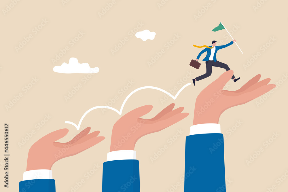 Business support or mentorship to assist employee to success, helping hand or encouragement for teammate to achieve business goal, businessman jumping up giant hand growth ladder to progress target. - obrazy, fototapety, plakaty 