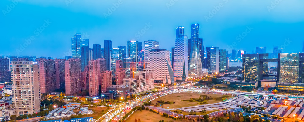 Aerial photography night view of modern city architecture landscape in Hangzhou, China Aerial photography night view of modern city architecture landscape in Hangzhou, China