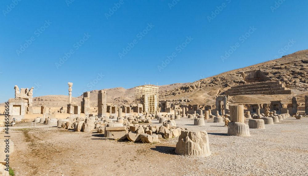 Throne Hall, also called the Hundred-Column Hall in Persepolis, ancient capital of Persian Empire, established by Darius the Great..In the background is the tomb of the kings carved into the hill.