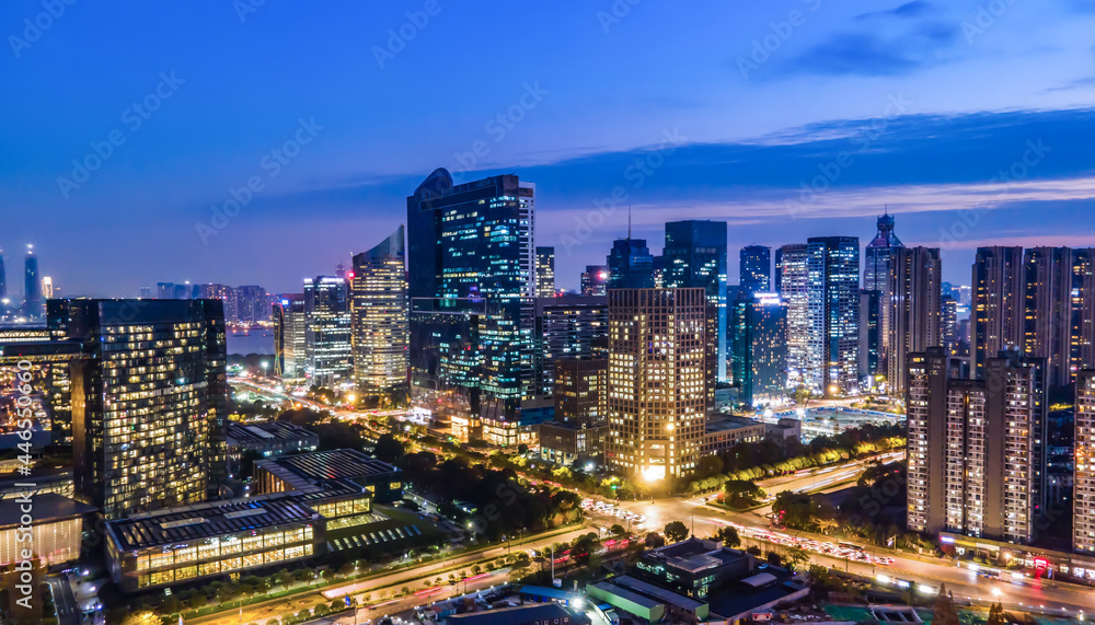 Aerial photography night view of modern city architecture landscape in Hangzhou, China