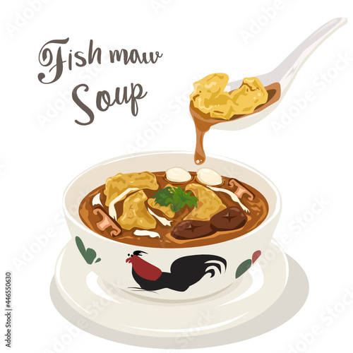 Braised fish maw in red gravy with chicken in the bowl on white background. Vector illustration. photo