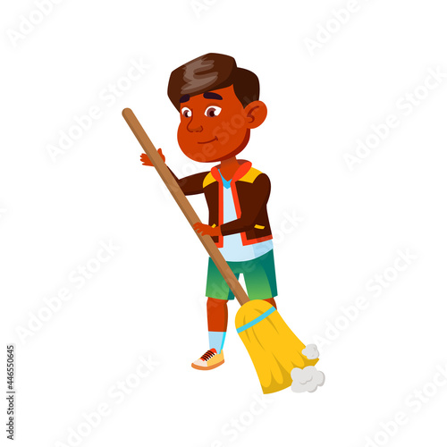 Boy Child Cleaning House Floor With Broom Vector. Indian Cute Kid Sweeping Dust With Broom Tool, Household Chores Occupation. Character Infant Doing Housework Flat Cartoon Illustration