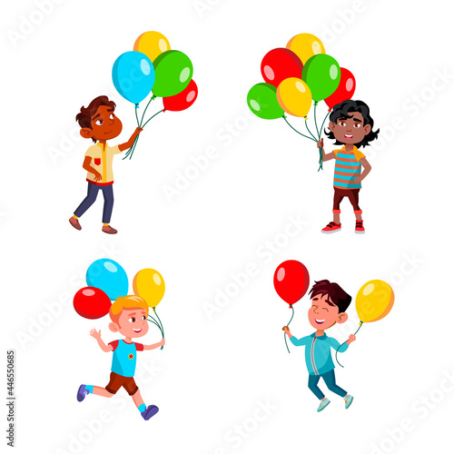 Boys Children Walking With Air Balloons Set Vector. Multiracial Kids Walk, Run And Play With Multicolored Air Balloons In Park Or On Birthday Party. Characters Leisure Time Flat Cartoon Illustrations