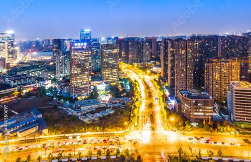 Aerial photography night view of modern city architecture landscape in Hangzhou  China