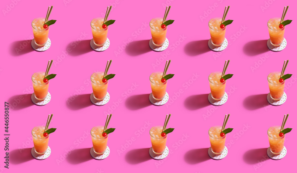 Glasses of tasty cocktail on color background