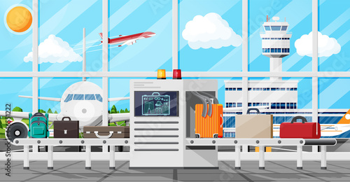 Airport Security Scanner Icon. Conveyor Belt With Passenger Luggage. Baggage Carousel Scan In Airport Interior. Package X-ray Baggage. Security, Logistic And Delivery. Cartoon Flat Vector Illustration