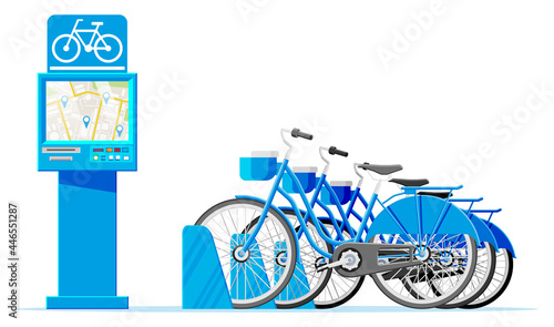 City Bicycle Sharing System Isolated on White. Bike Stand with Rental Bicycles. Bike on Docking Station and Electric Terminal. Urban Transportation Smart Service. Cartoon Flat Vector Illustration