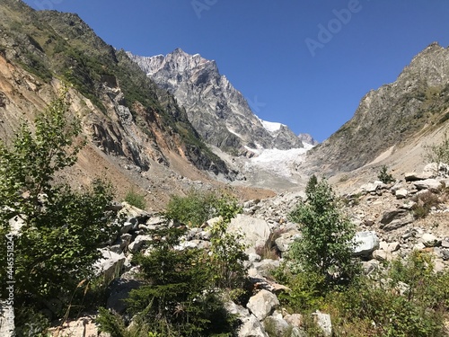 Svaneti, Georgia in September: high mountains with glacier in the middle