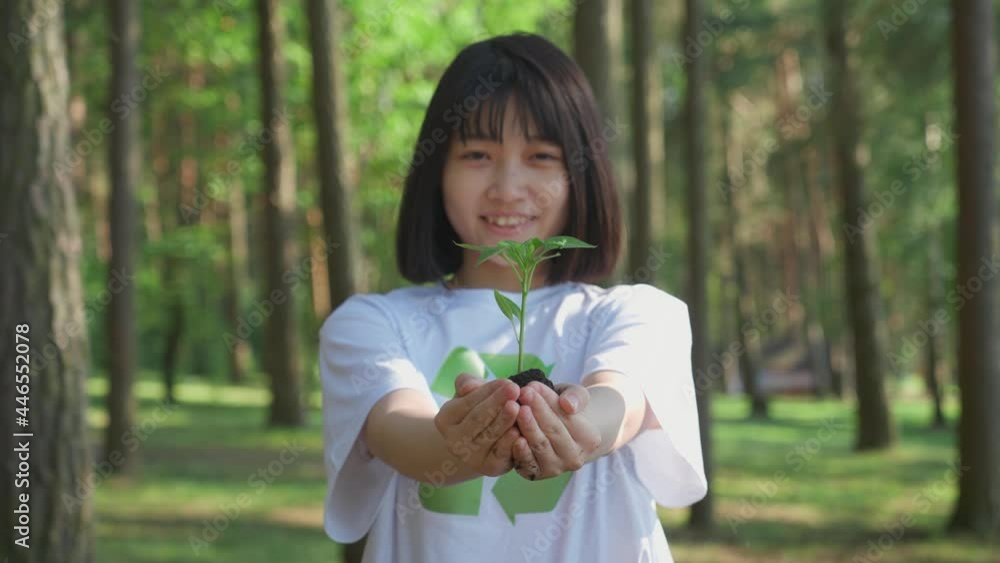 Caring for nature, young asian female volunteer holds a small flower plant in her hands and looks at the camera, a metaphorical action, nature is in our hands, slow motion. Caring for nature, young asian female volunteer holds a small flower plant in her hands and looks at the camera, a metaphorical action, nature is in our hands, slow motion.
