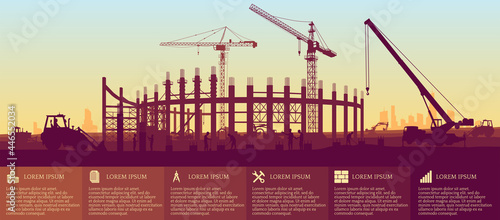 Construction site with a tower crane. Construction of a stadium. Infographics for website or presentation. Preparation for the Olympic Games. Panoramic view of the construction site. EPS 10