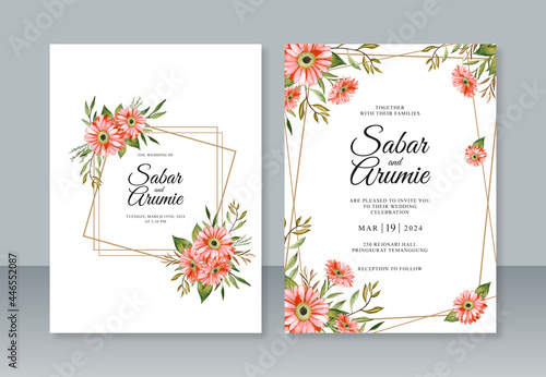 Geometric border and watercolor painting floral for wedding invitation template