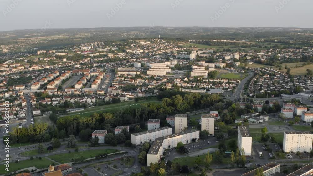 Drone Aerial shot of Montluçon in central France. Montlucon is the largest commune in the Allier department and belongs to the Auvergne-Rhône-Alpes region. A panorama of the french city at sunset. Drone Aerial shot of Montluçon in central France. Montlucon is the largest commune in the Allier department and belongs to the Auvergne-Rhône-Alpes region. A panorama of the french city at sunset.