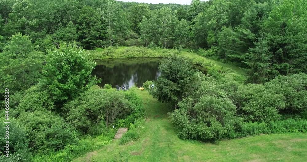 Drone flies over the windblown tree tops to reveal a private fishing spot in the Catskill Mountains. Drone flies over the windblown tree tops to reveal a private fishing spot in the Catskill Mountains.