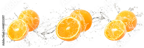 Fresh Oranges and slices with water splash and drops on isolated white background  Citrus Fruit Renders