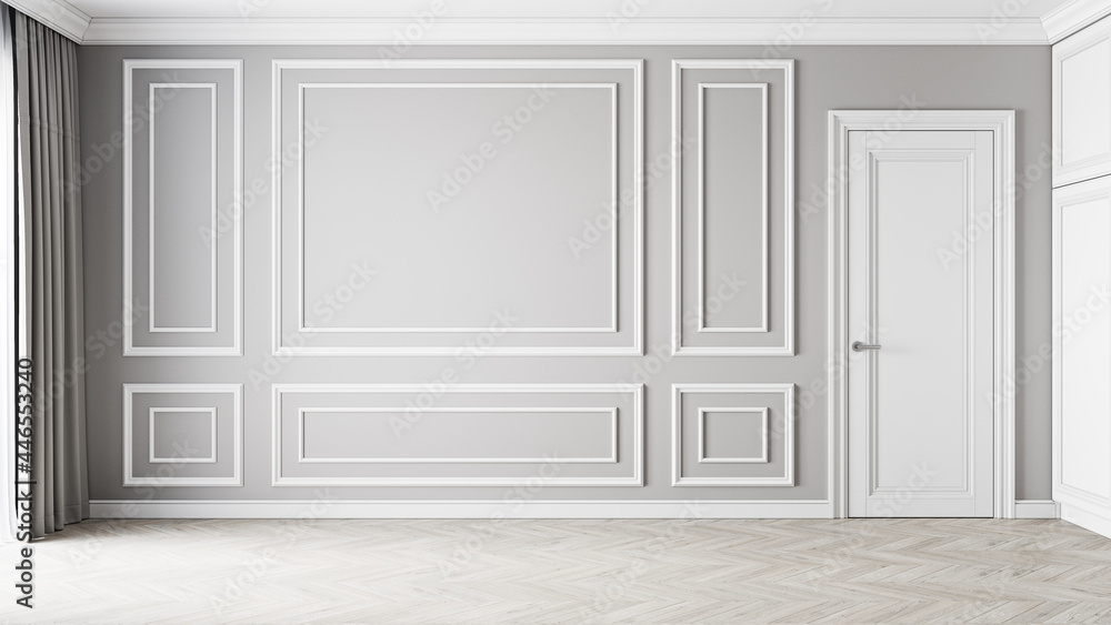 Classic gray empty interior with moldings and door. 3d render illustration mockup. Classic gray empty interior with moldings and door. 3d render illustration mockup.