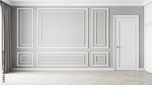 Classic gray empty interior with moldings and door. 3d render illustration mockup.