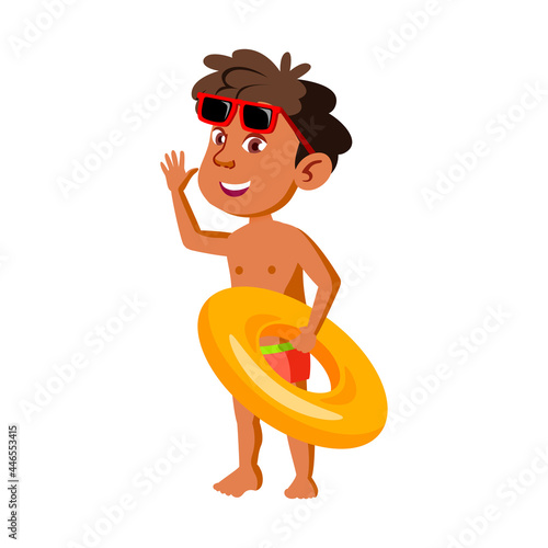 Boy Child With Lifebuoy Go To Swimming Pool Vector. Hispanic Preteen Kid With Lifebuoy And Sunglasses Going To Sea For Swim. Character Resting Funny Time Seashore Flat Cartoon Illustration