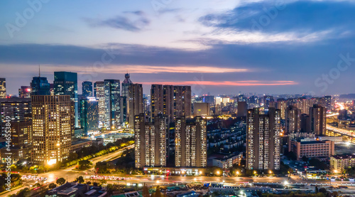Aerial photography night view of modern city architecture landscape in Hangzhou, China