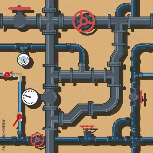 Pipeline system. Seamless pattern. With taps and pressure gauges. Background picture. Vector