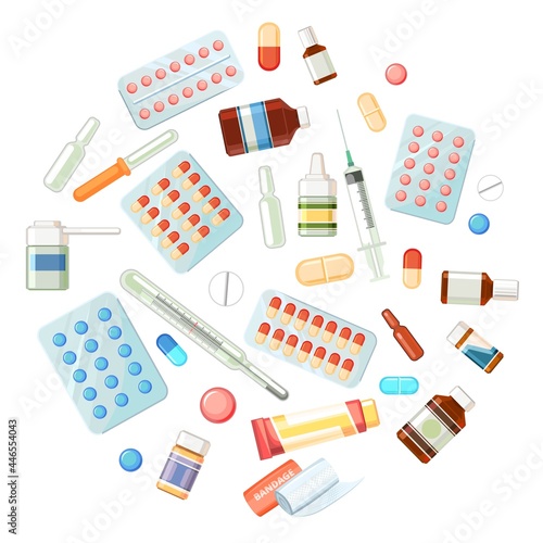  Medicines. Illustration with bottles, tablets, capsules, ampoules, thermometer. Medicinal drugs. Pharmaceuticals. Ambulance. Pharmacy. Isolated on white background. Flat design. Vector