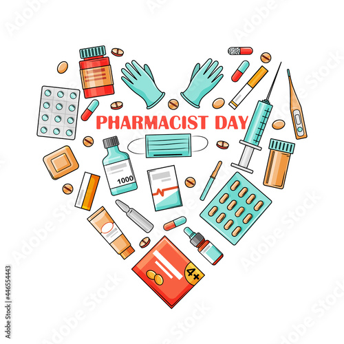 Pharmacist Day is a holiday on September 25. The drugs are arranged in the form of a heart. Vector illustration on a white background in the cartoon style