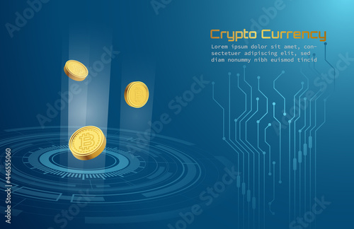 Bitcoins cryptocurrency in modern currency exchange on blue futuristic technology background