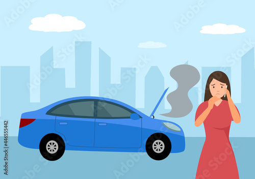 Young woman on phone with car insurance agent or automobile repair service in front of broken car in flat design. Car accident.