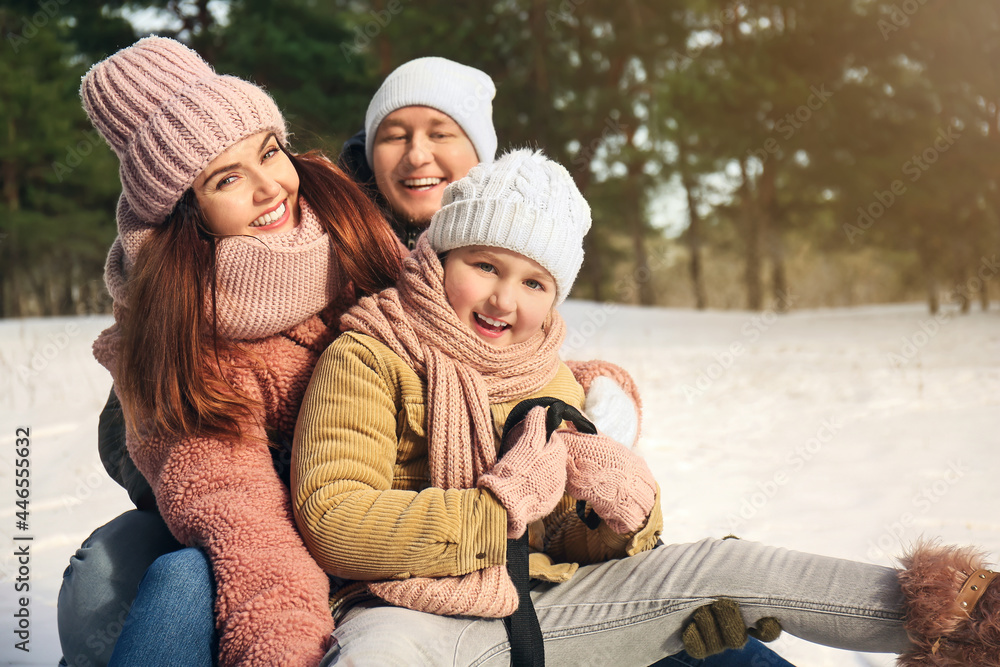 Happy family sledging in park on winter day Happy family sledging in park on winter day