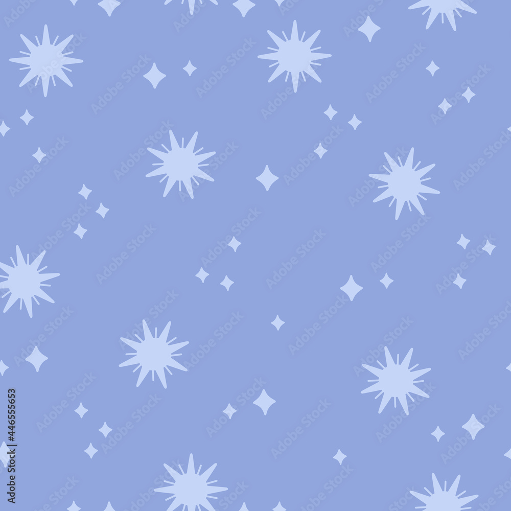 Nights celestial sky with magic stars seamless pattern. Holiday blue repeat background, simple astronomy ornament for wallpaper or modern trendy hand drawn vector illustration, flat cartoon style Nights celestial sky with magic stars seamless pattern. Holiday blue repeat background, simple astronomy ornament for wallpaper or modern trendy hand drawn vector illustration, flat cartoon style