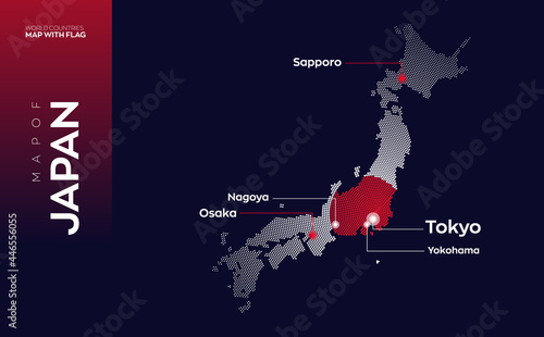 Japan map with flag info graphic. Abstract vector map of Japan with capital and major cities. Dots composition map on dark background. 